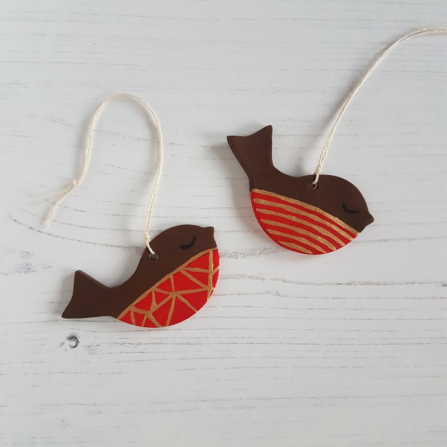 Christmas Geometric or stripes Robin hanging decoration, one supplied