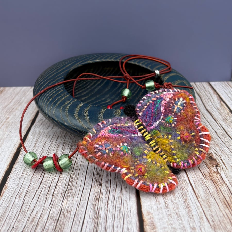 Bead and Felted Butterfly BoHo style Necklace - Multicoloured Butterfly