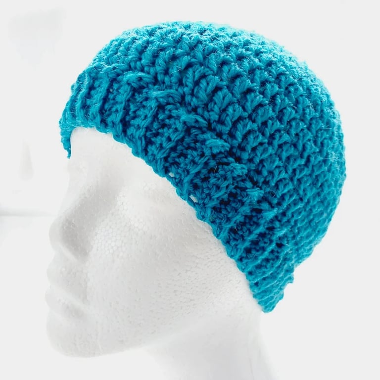 Sea Blue Aran, Crochet Beanie Hat with Brim - Summer Seconds