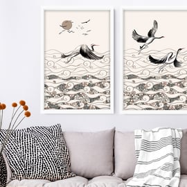 Office decor wall art Set of 2, Cranes Japanese art Home Decor, calming zen wall