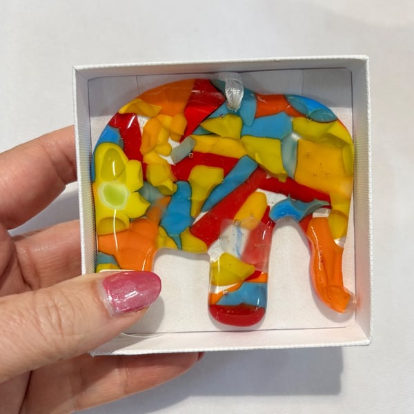 Fused glass Elmer elephant  hanging 