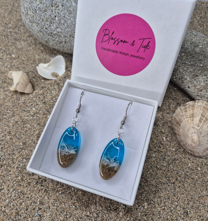 Oval Welsh Beach Earrings Handmade With Real Sand - Aqua Blue