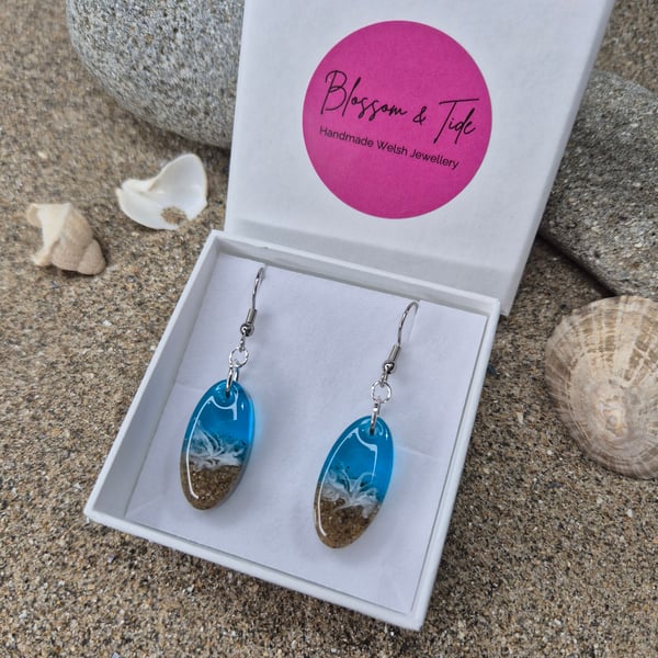 Oval Welsh Beach Earrings Handmade With Real Sand - Aqua Blue