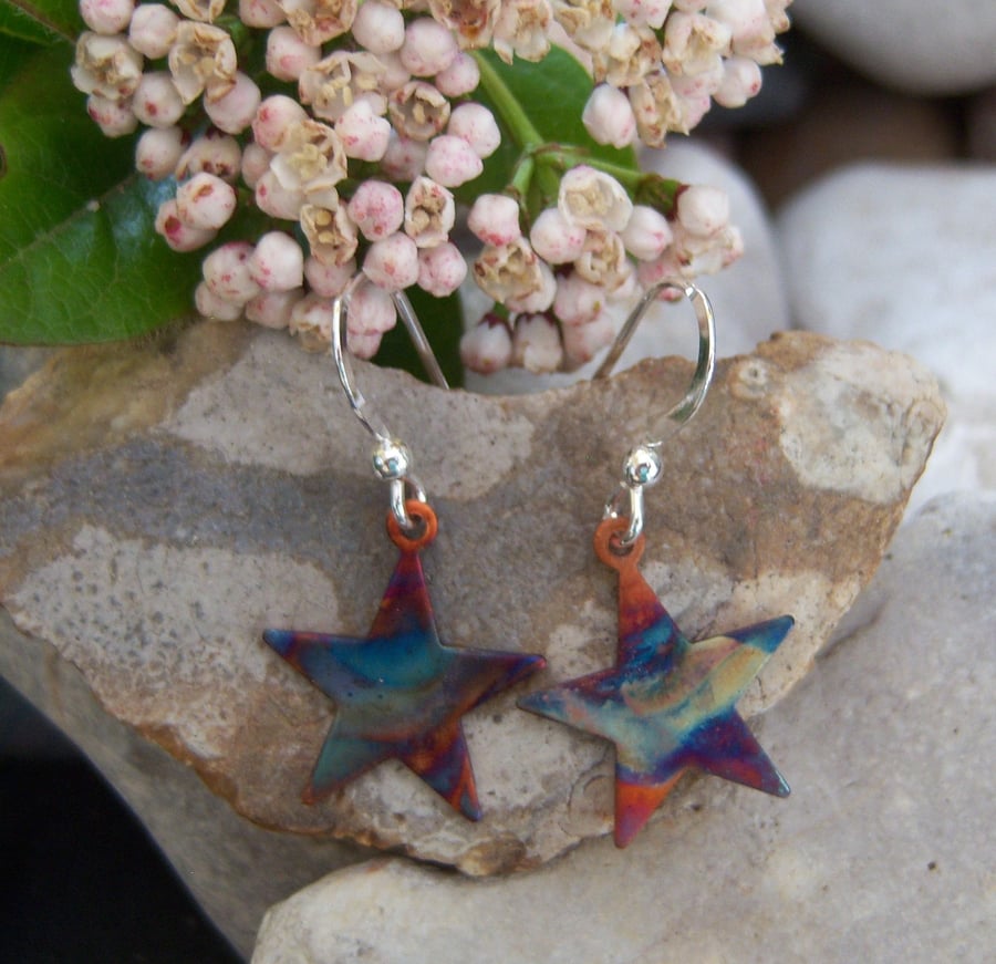 Flame Painted Copper Star Earrings