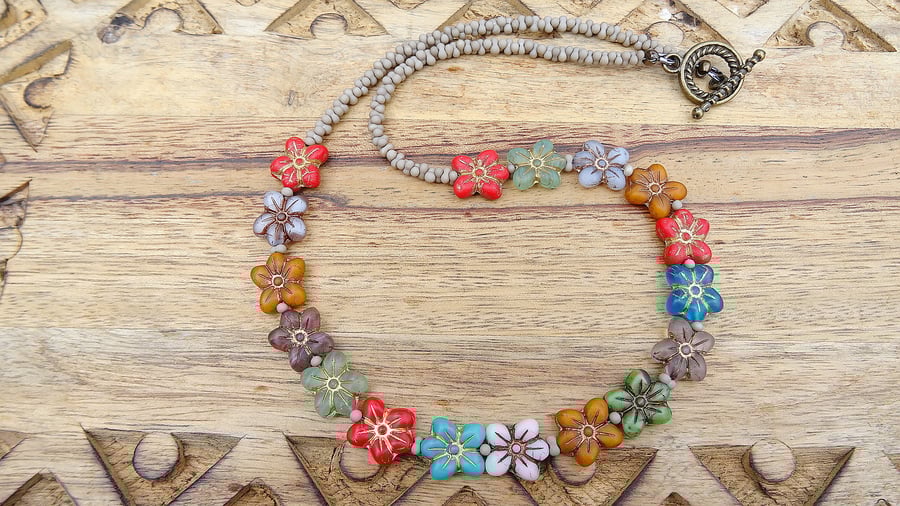 Czech Glass Daisy Necklace, multicolour necklace, floral necklace.