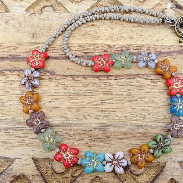 Czech Glass Daisy Necklace, multicolour necklace, floral necklace.
