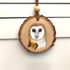 Barn owl hand painted wood slice hanging decoration 