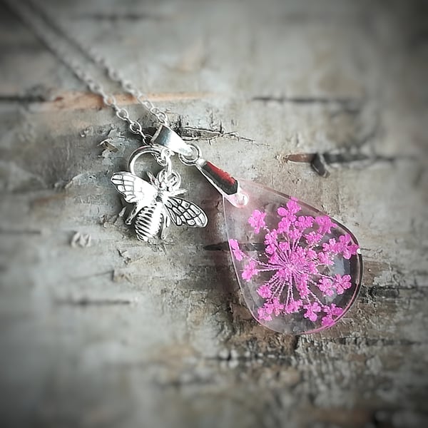 Pink lace flower resin pendant, Sterling silver real flower necklace with charm