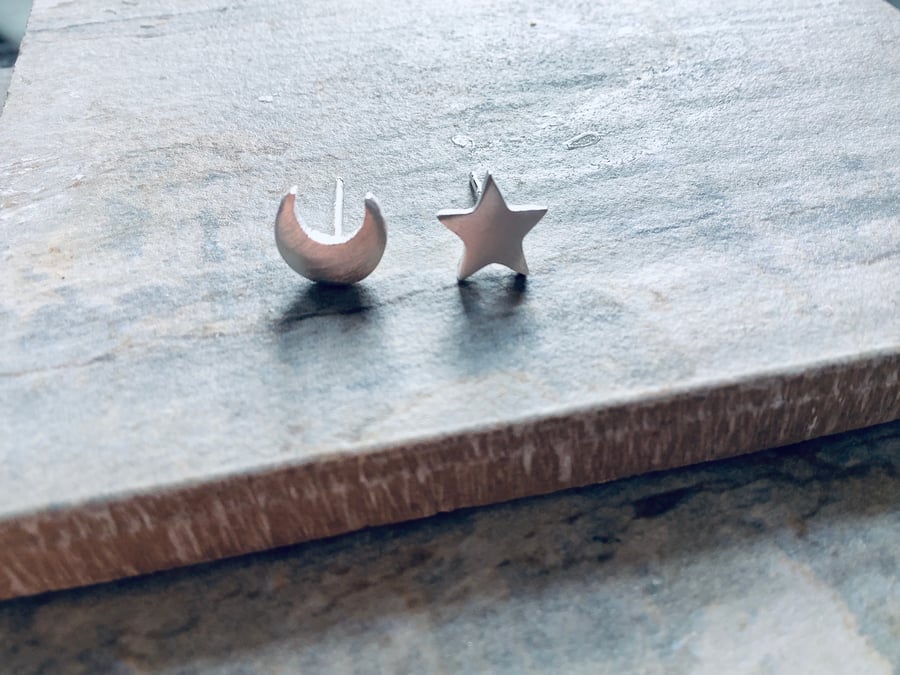 Silver Plate Star and Moon Stud Earrings