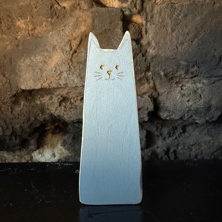 Tall Wooden Grey Cat Shelf Sitter – Handmade Maple Cat Decoration