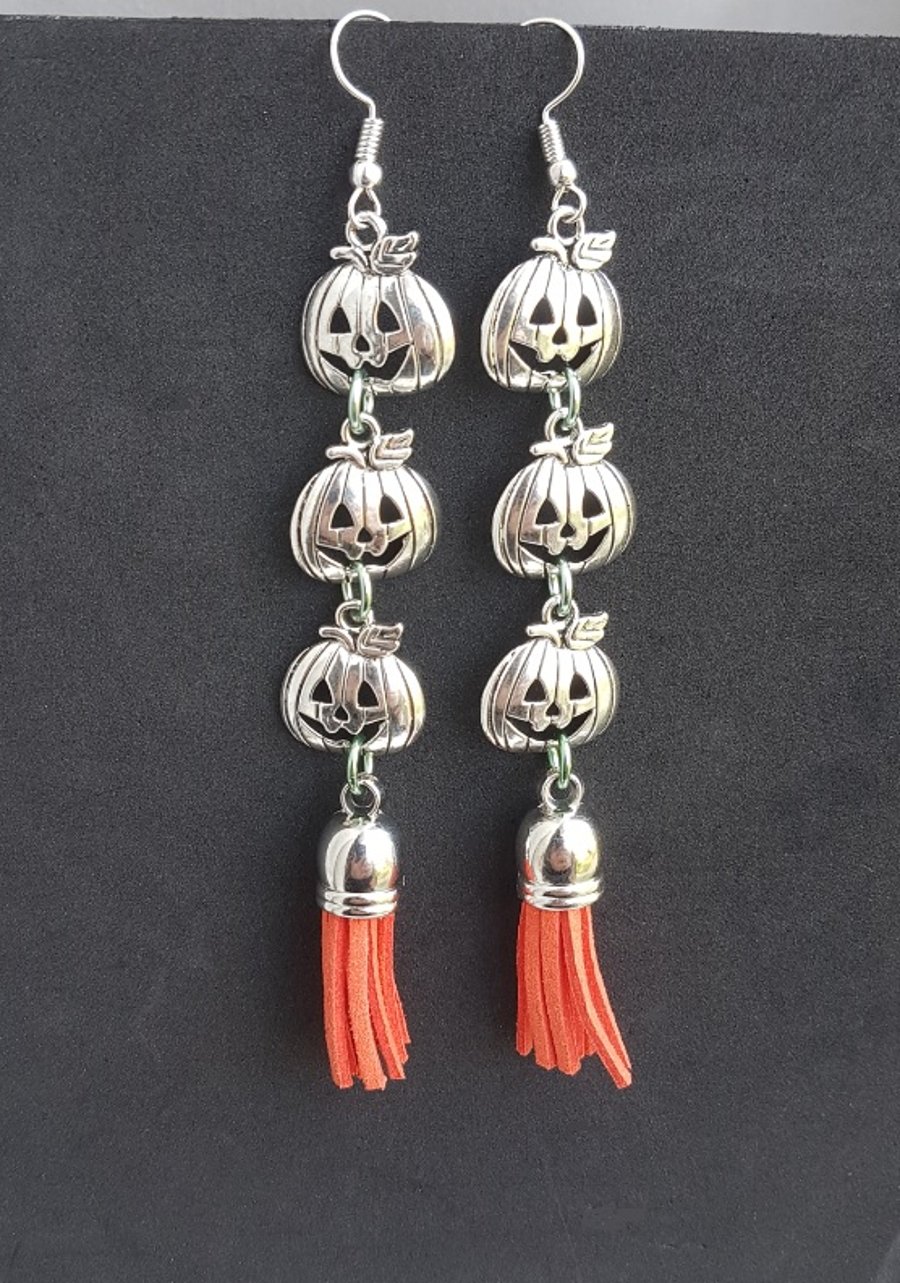 Pumpkin Spice Triple Pumpkin Charm Earrings - Orange Tassel