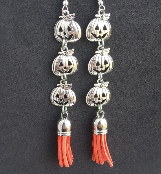 Pumpkin Spice Triple Pumpkin Charm Earrings - Orange Tassel