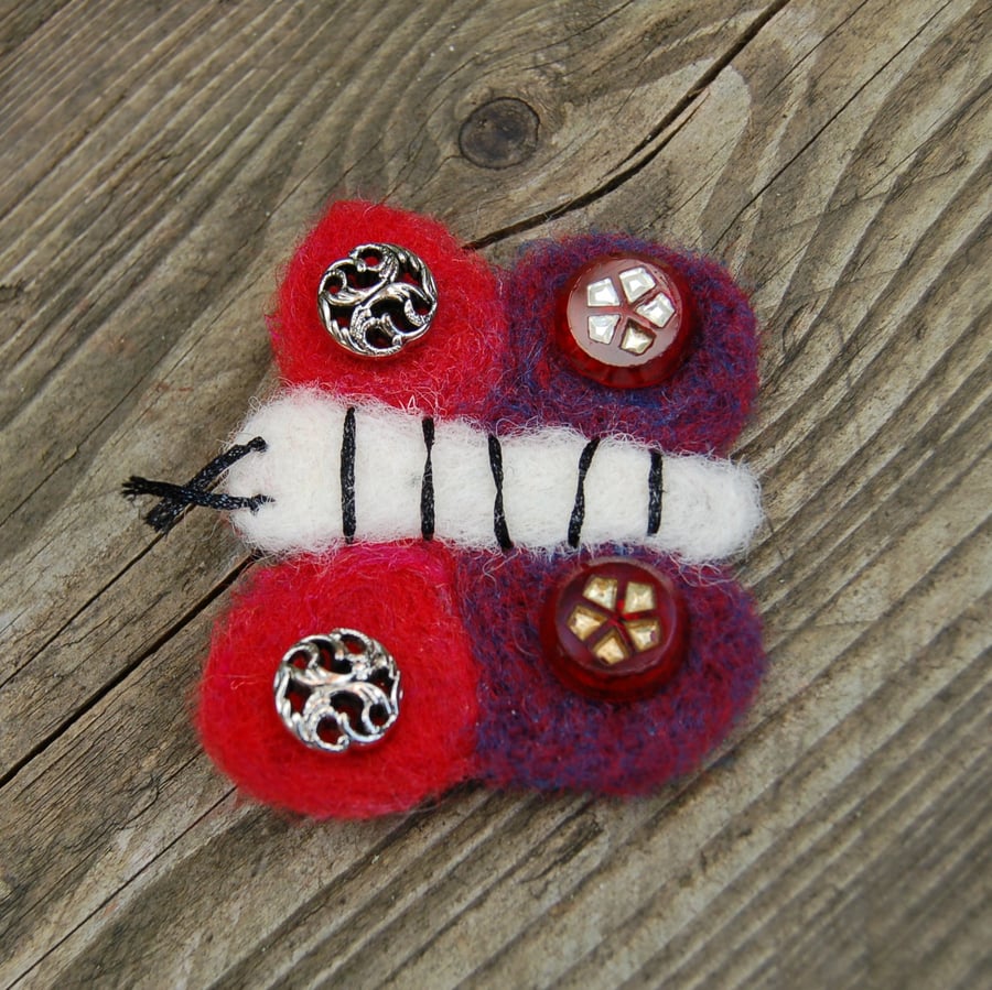 Butterfly brooch, wool and vintage buttons -  ladies jewellery wool badge 