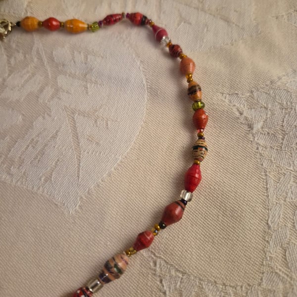 Orange paper and glass beaded necklace