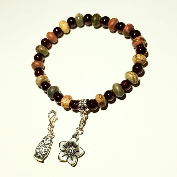 Picasso Jasper Bracelet with Flower and Russian Doll Charms - UK Free Post