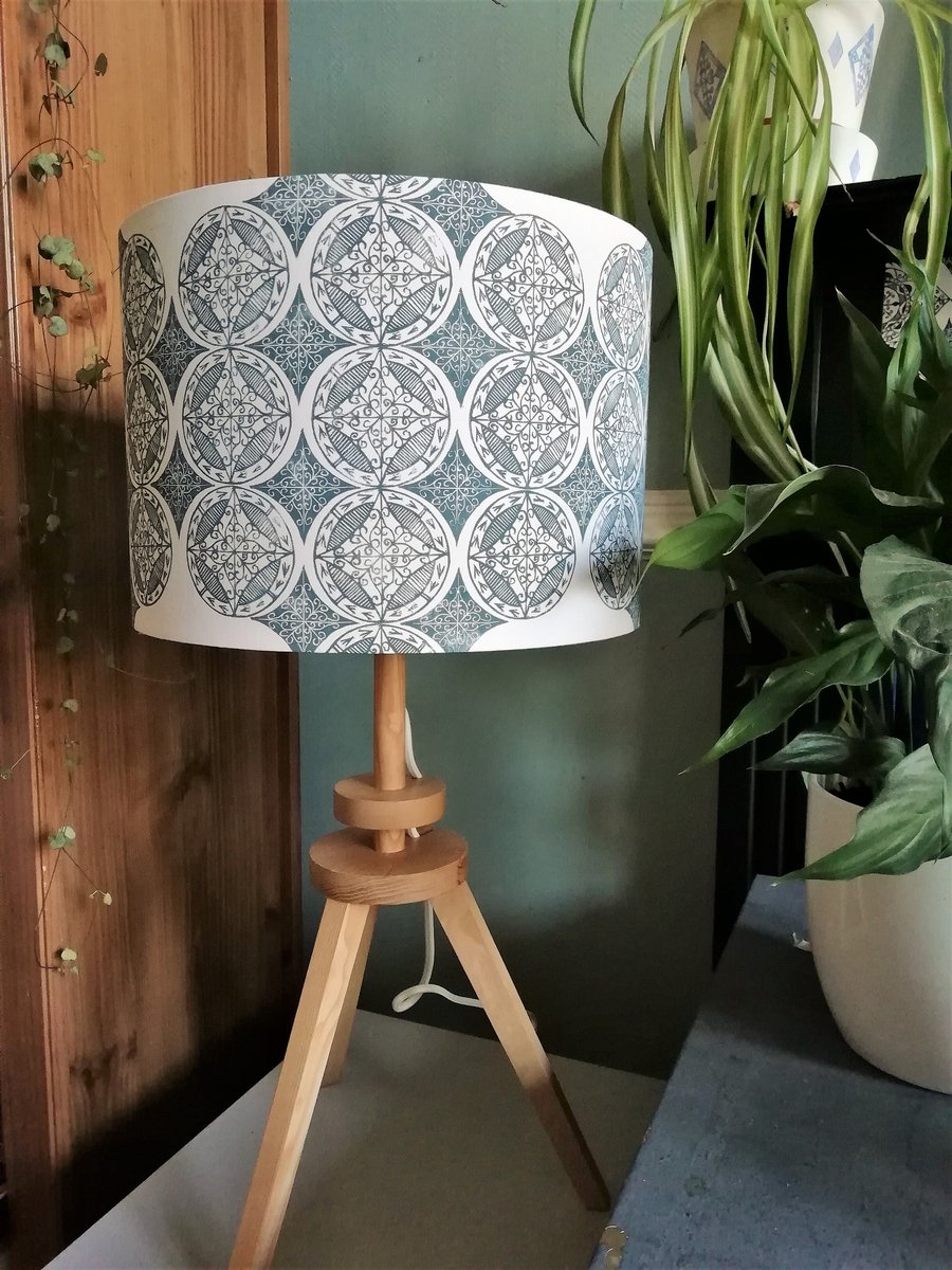30 cm Blue Patterned Hand Printed Drum Lampshade