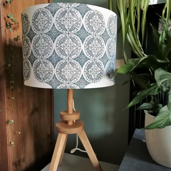30 cm Blue Patterned Hand Printed Drum Lampshade