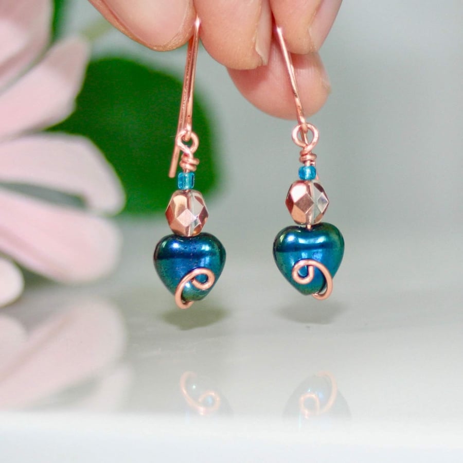 Copper and peacock blue heart earrings
