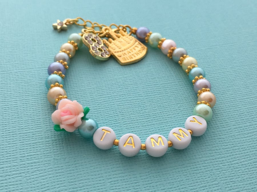 Little Girls Beaded Name Birthday Bracelet