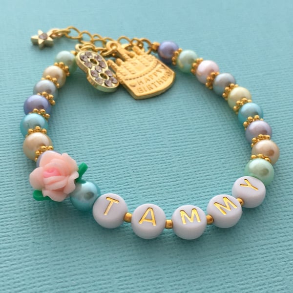 Little Girls Beaded Name Birthday Bracelet