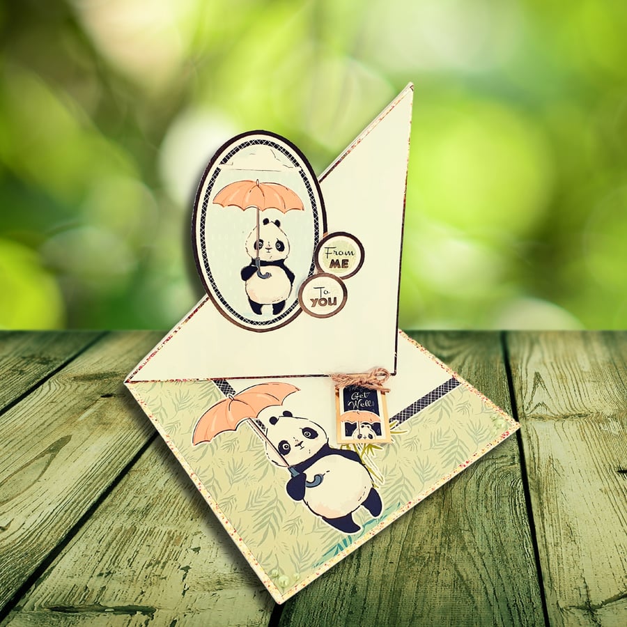 Get Well Soon card - Panda holding an umbrella in the rain easel card