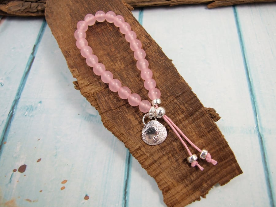 Rose Quartz Bracelet, Recycled Silver Heart Charm. Adjustable Fit Small-Medium