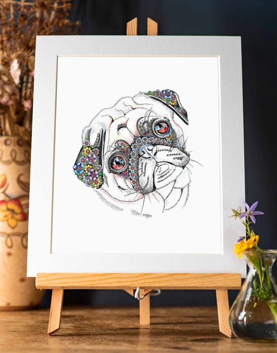Floral Pug Art Print