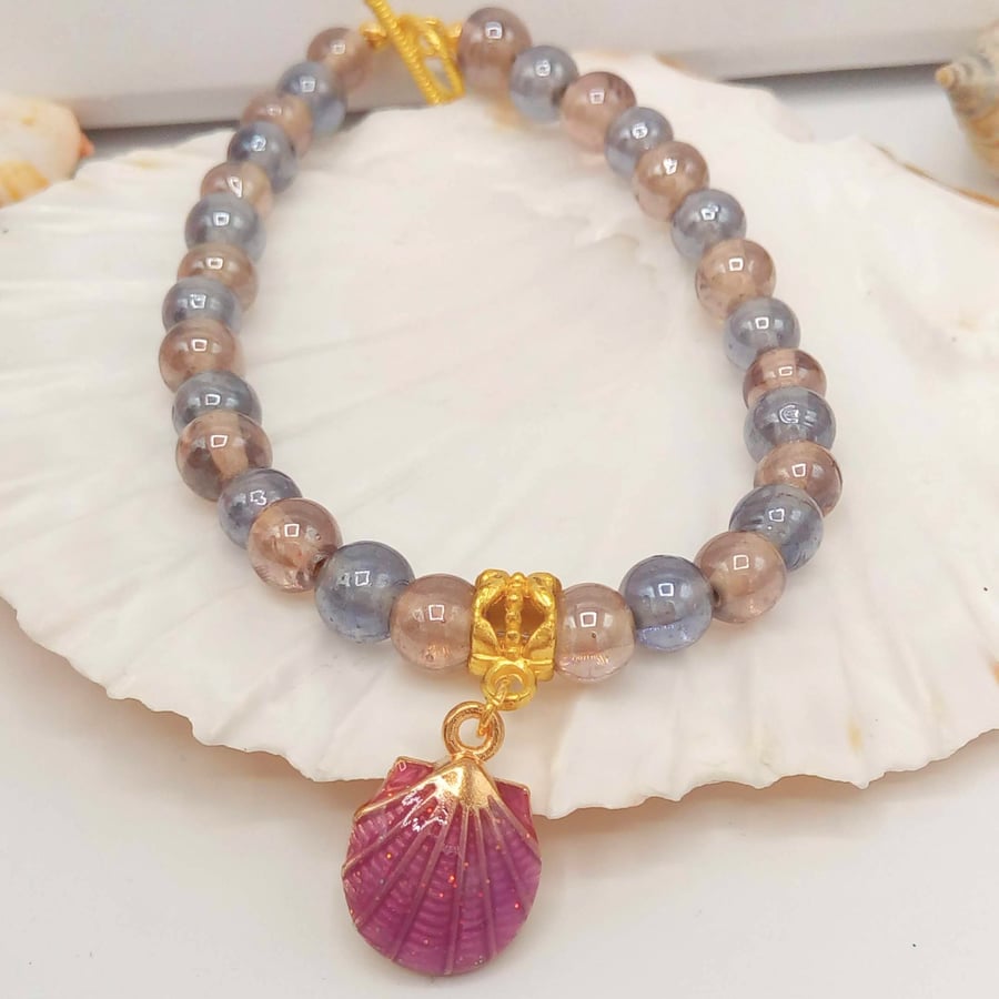 Purple Glass Bead Bracelet With An Enamel Clam Folksy
