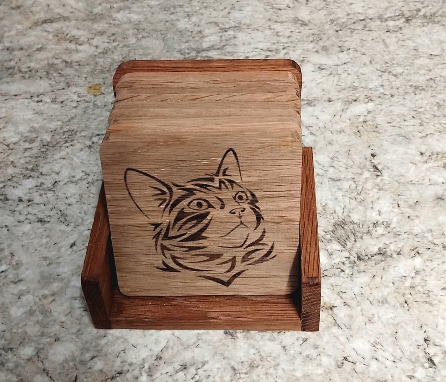 set of oak cat coasters with stand  ideal gift present