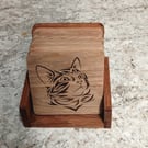 set of oak cat coasters with stand  ideal gift present