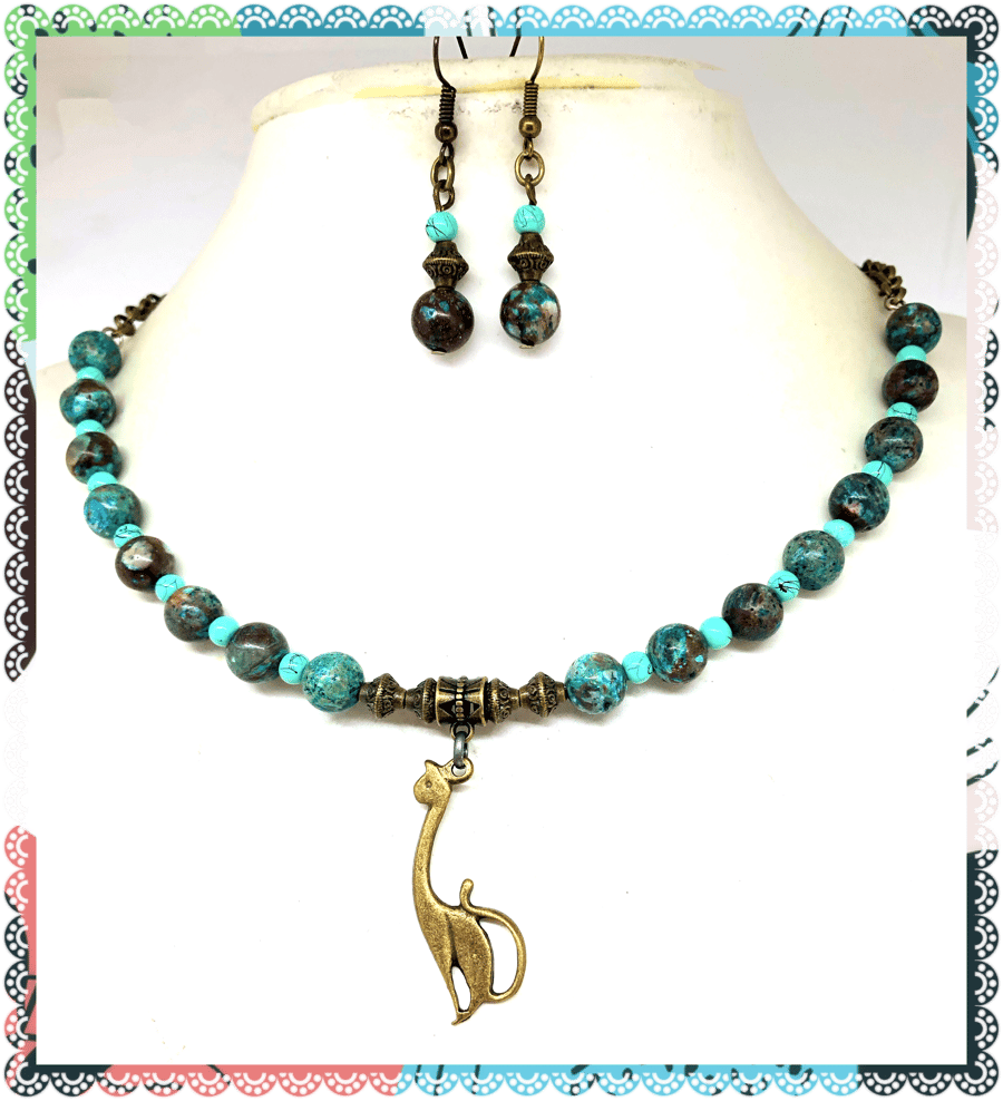 OOAK Cat with African Turquoise beads short length necklace & earring set