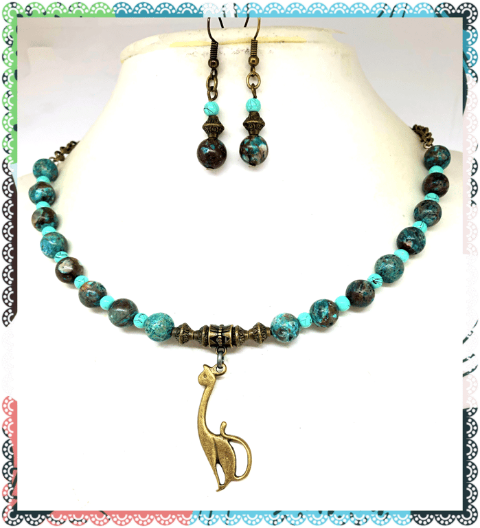 OOAK Cat with African Turquoise beads short length necklace & earring set