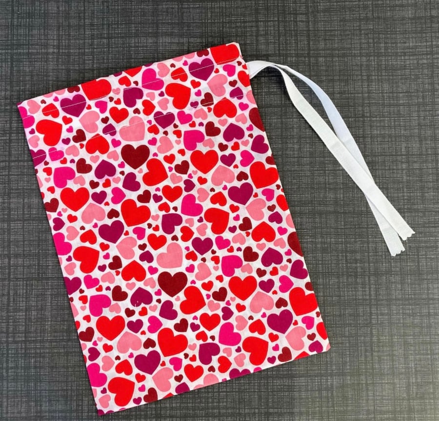 Red, Pink Hearts Fabric Drawstring Gift Bag: Reusable Present Wrap. Large