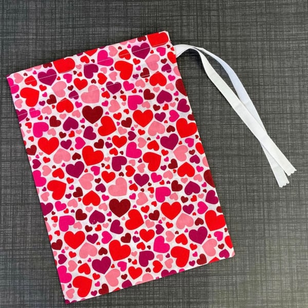 Red, Pink Hearts Fabric Drawstring Gift Bag: Reusable Present Wrap. Large
