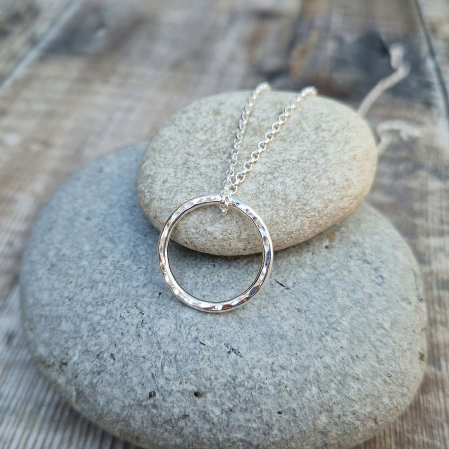 Sterling Silver Hammered Circle Ring Necklace