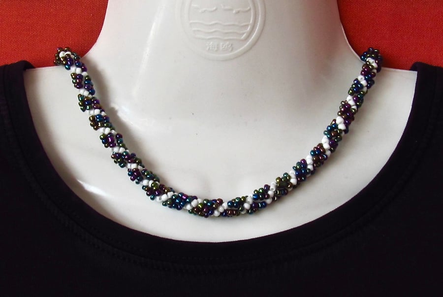 Slimline Choker: Kaleidoscopic Metalic-like & White Seed Beads in a Spiral Weave