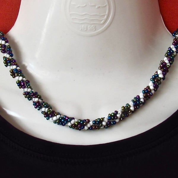 Slimline Choker: Kaleidoscopic Metalic-like & White Seed Beads in a Spiral Weave