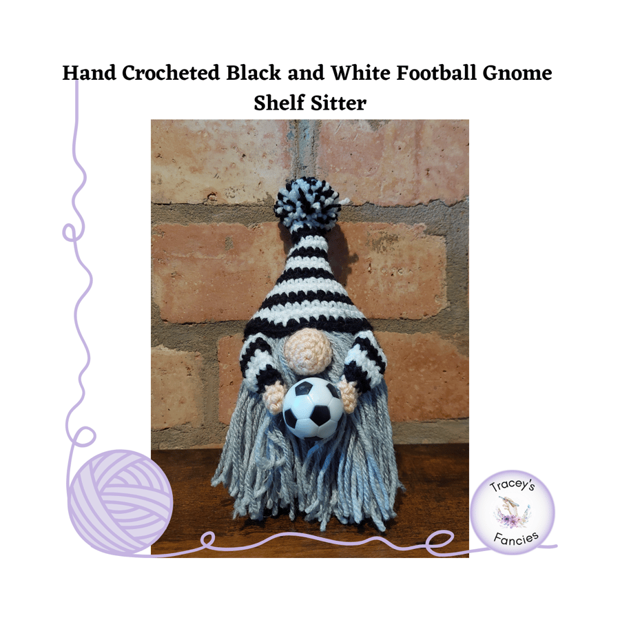 Hand crochet black and white football gnome collectable