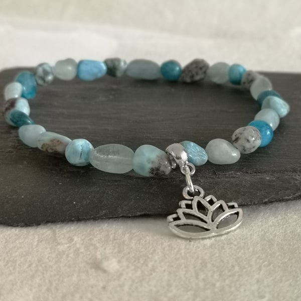 Throat chakra bracelet of blue larimar, apatite and aquamarine with lotus flower