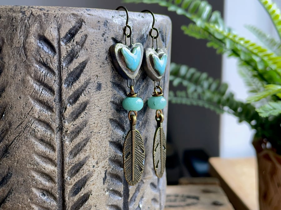 Turquoise Green Artisan Ceramic Heart Earrings. Bohemian-Style Feather Earrings