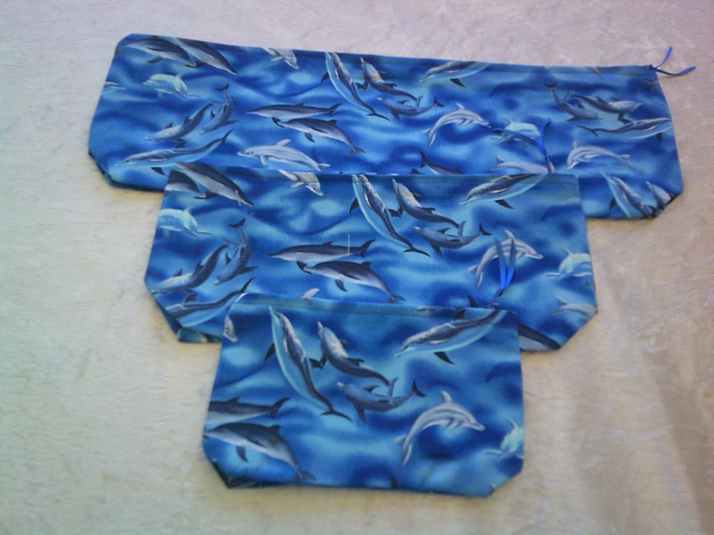 Set of Three Zip Top Pouches with Dolphin Design