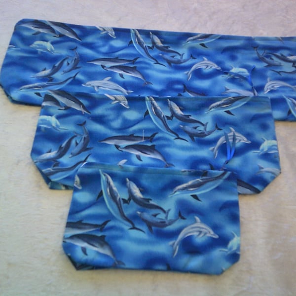 Set of Three Zip Top Pouches with Dolphin Design