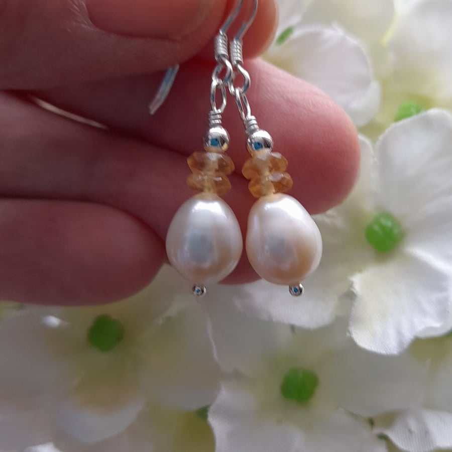 Freshwater Cultured Pearl and Citrine Sterling Silver Drop Earrings