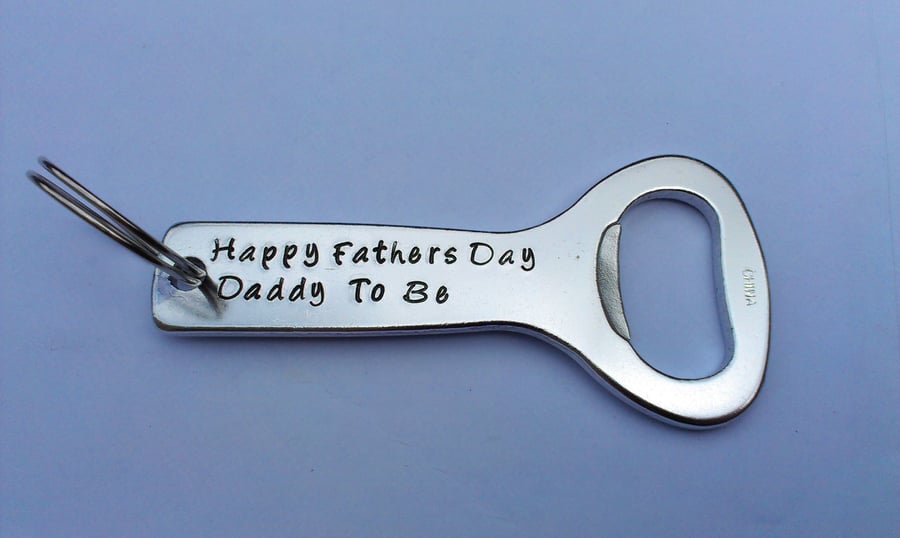 Hand stamped personalised bottle opener keyring Daddy to be