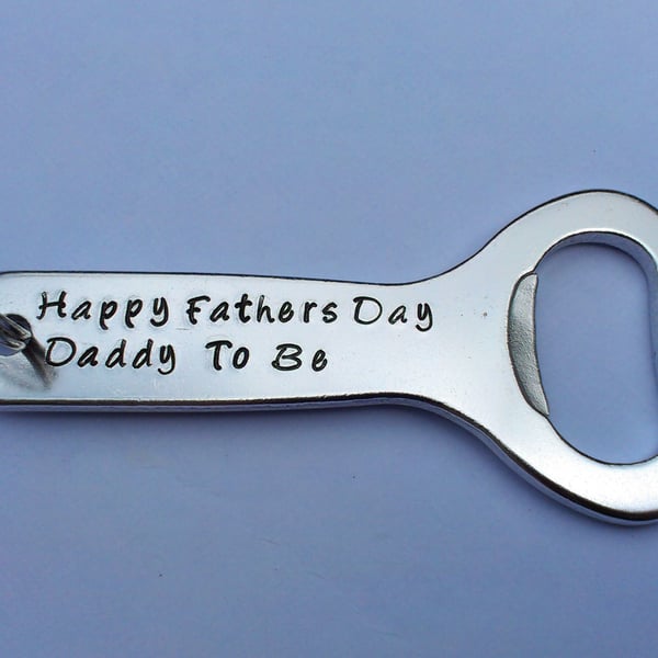 Hand stamped personalised bottle opener keyring Daddy to be