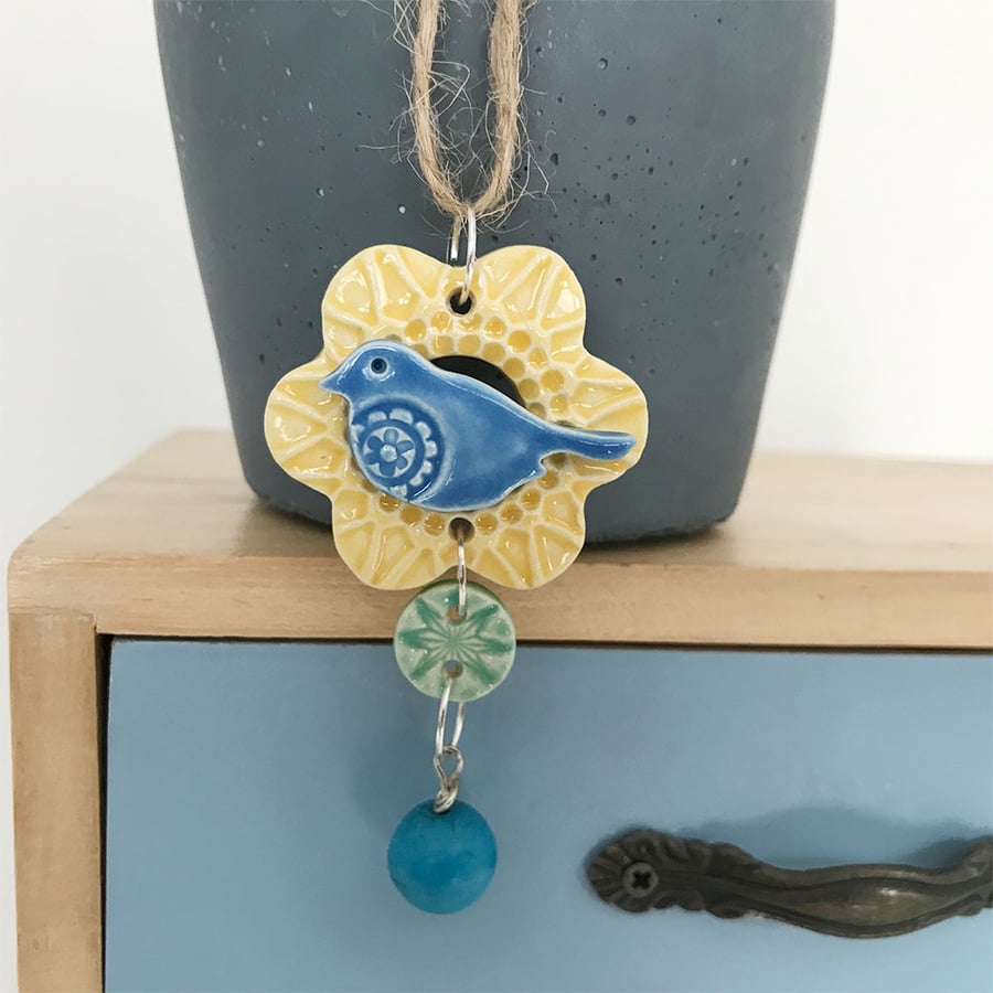 Teeny bird and flower dangly decoration or pendant