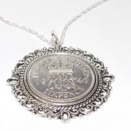 Fancy Pendant 1940 Lucky sixpence 81st Birthday plus a Sterling Silver 24in Chai
