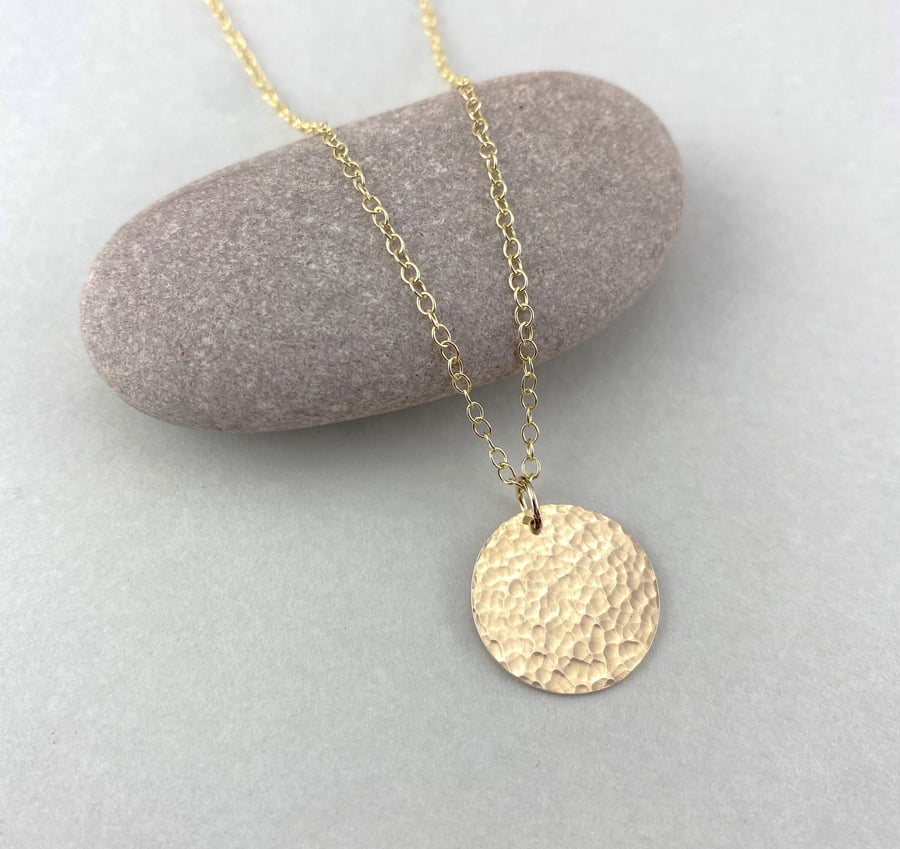 Medium Solid Hammered 9ct Gold Minimalist Circular Disc Necklace