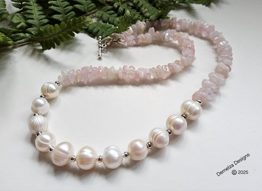 Designer Barogue Freshwater Culture Pearl & Morganite Nugget Necklace