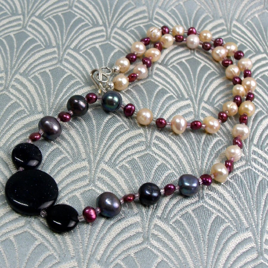 Pearl & Blue Goldstone Necklace, Pearl Necklace, Blue Necklace CC27